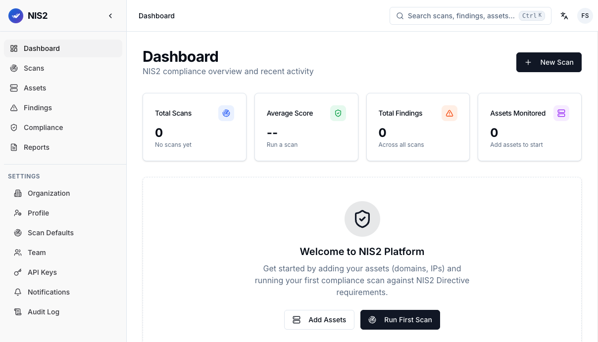 NIS2 Platform dashboard